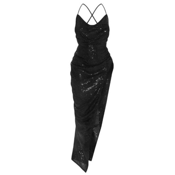 Black Sequin Party Dress Cowl Neck Strappy Backless Slit‎ Maxi Evening Gown - Picture 2 of 15